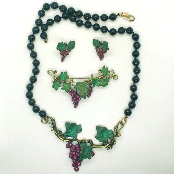 Vintage Richard Kaish Grape Vine Necklace Earrings Brooch Wine Theme Beads - Picture 2 of 5